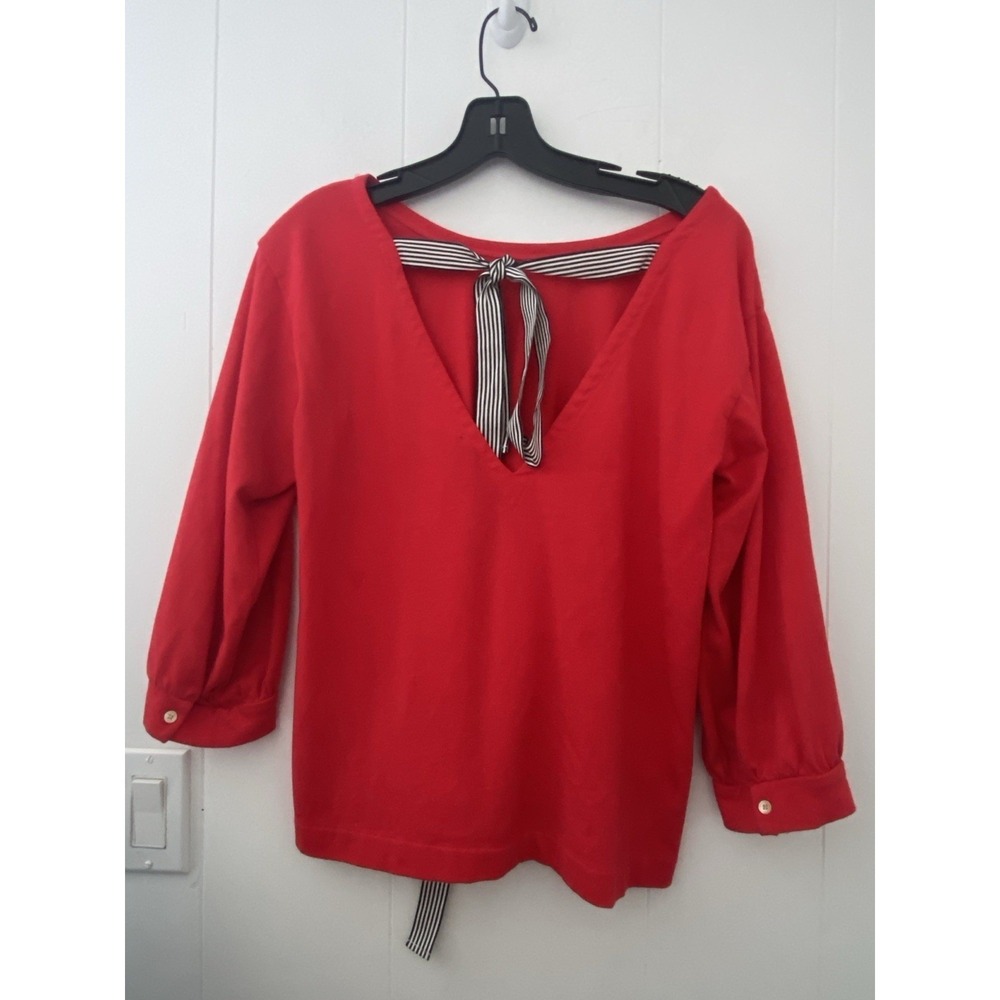 J.Crew Top Women S Red Ribbon Tie Back Relaxed Fit Balloon Sleeve 100% Cotton